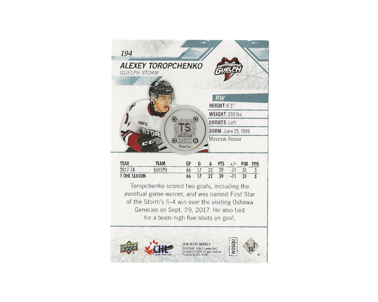 Alexey Toropchenko Autographed 2018-19 Upper Deck CHL #194 Hockey Card
