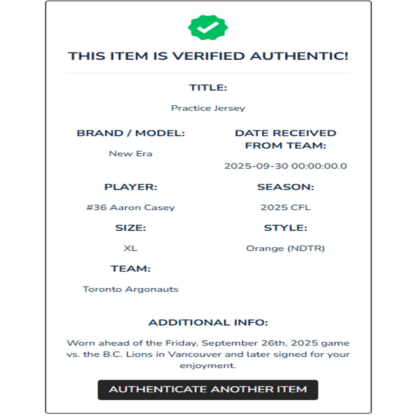 Aaron Casey Autographed & Player-Worn Toronto Argonauts Orange Jersey