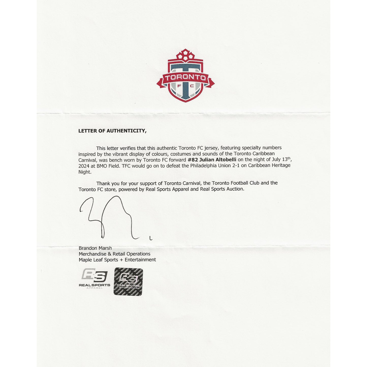 Julian Altobelli Autographed 2024 Toronto FC Adidas Caribbean Heritage Jersey