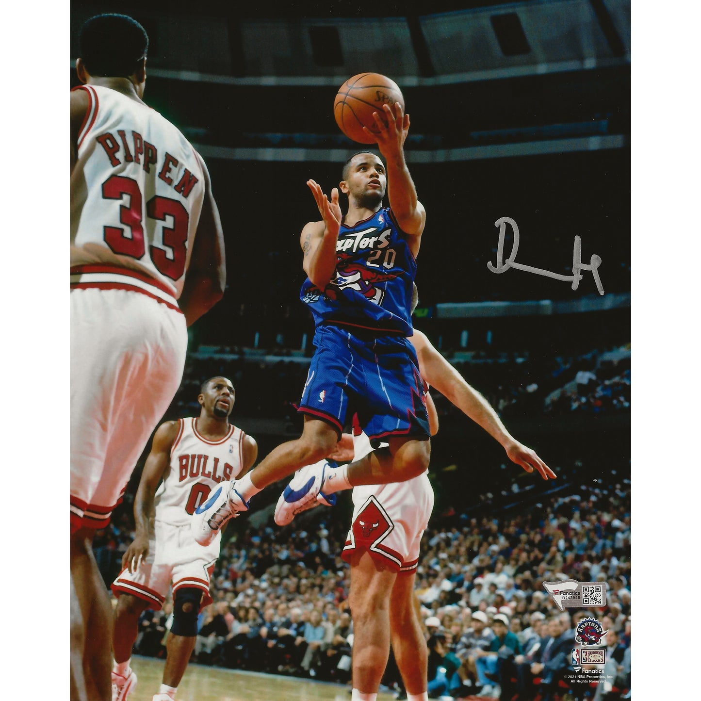 Damon Stoudamire Autographed Toronto Raptors Purple Dino Lay-Up 8x10 Photo