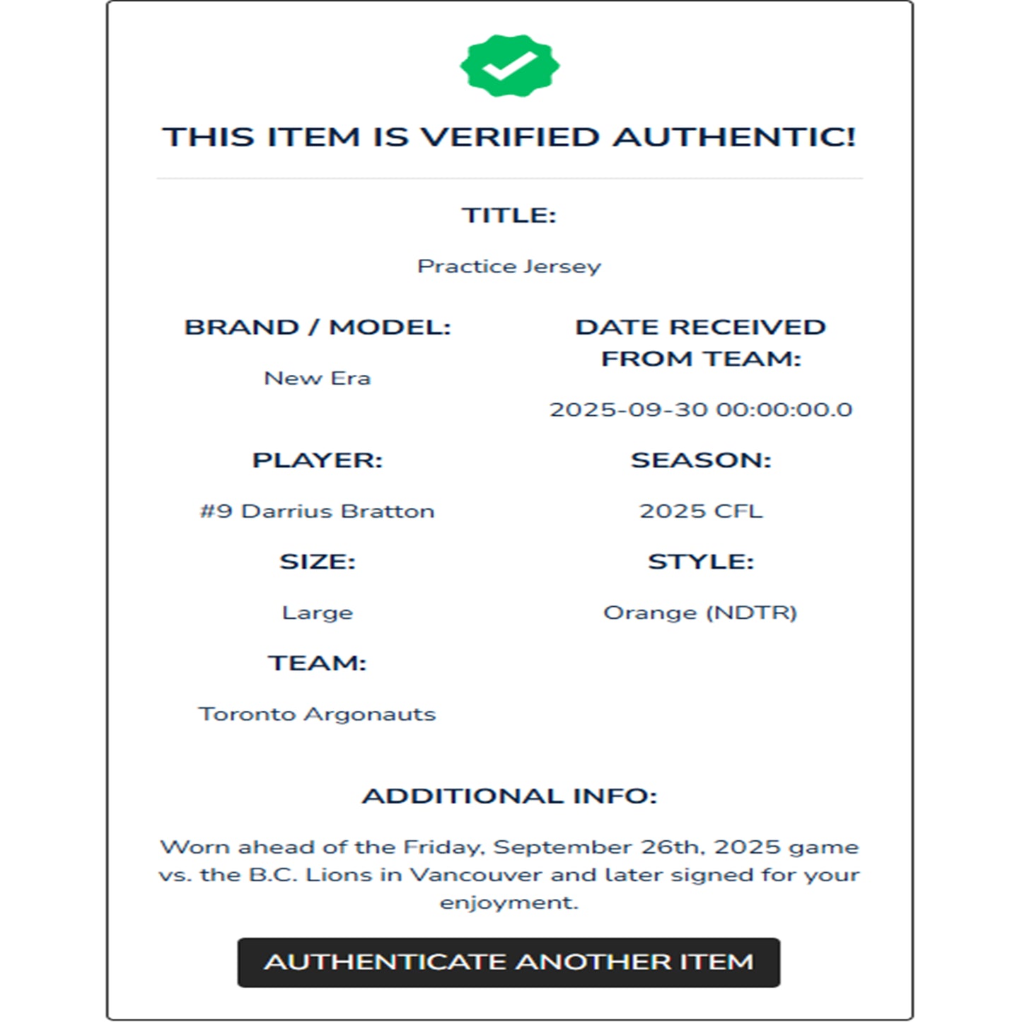 Darrius Bratton Autographed & Player-Worn Toronto Argonauts Orange Jersey