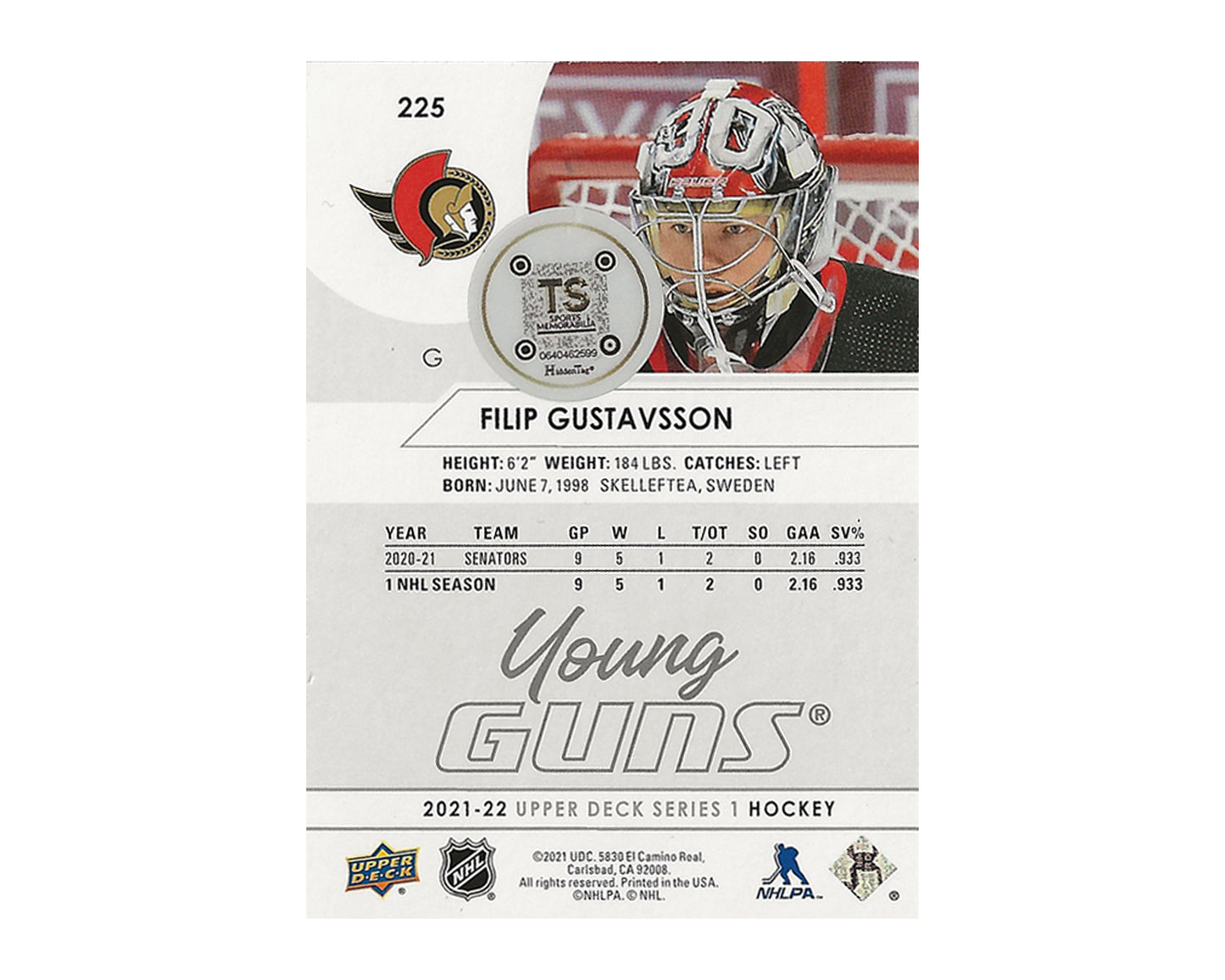 Filip Gustavsson Autographed 2021-22 Upper Deck Young Guns #248 Hockey Card