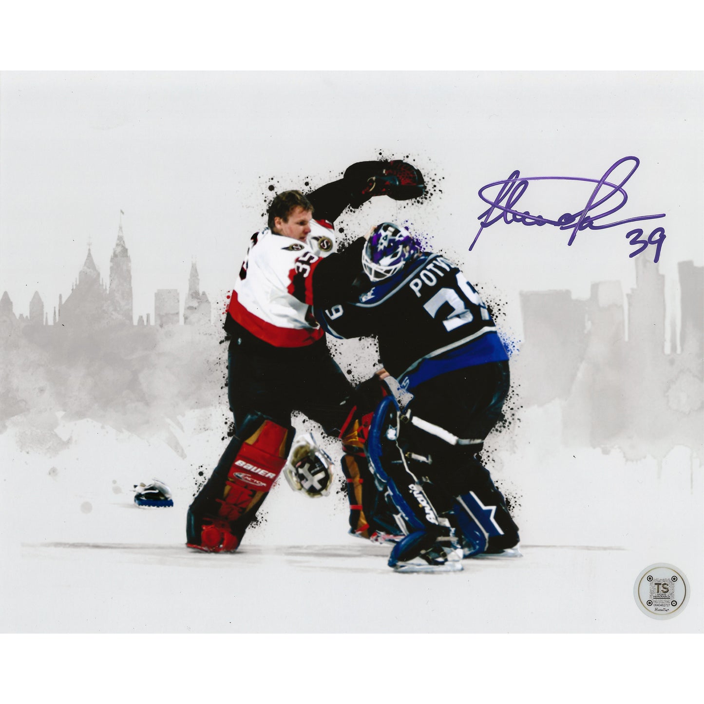 Felix Potvin Autographed Los Angeles Kings Goalie Fight vs Hurme Skyline 8x10 Photo
