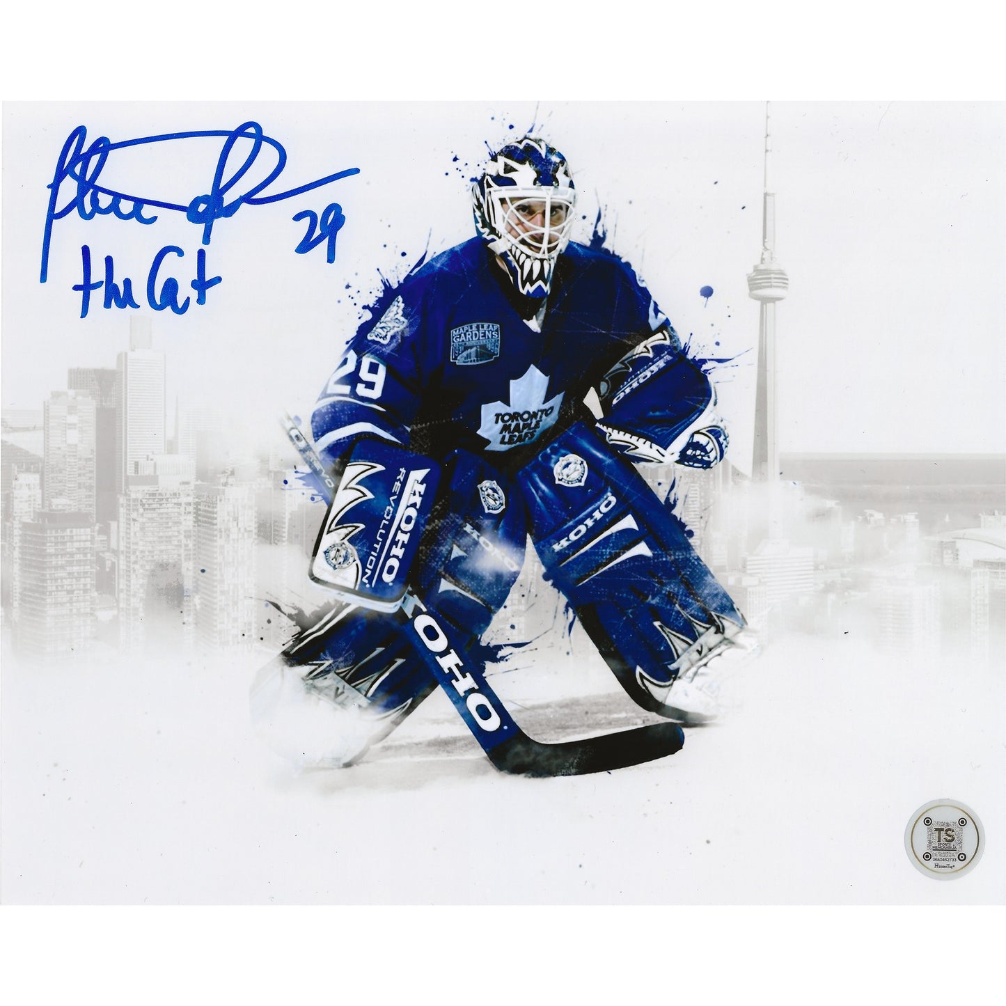 Felix Potvin Autographed Toronto Maple Leafs Skyline 8X10 Photo Inscribed "The Cat"