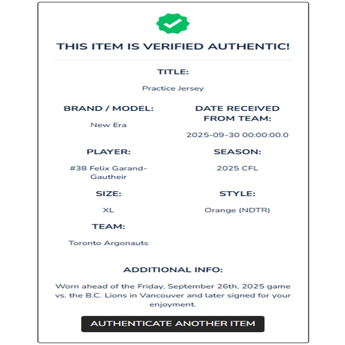 Felix Garand-Gauthier Autographed & Player-Worn Toronto Argonauts Orange Jersey