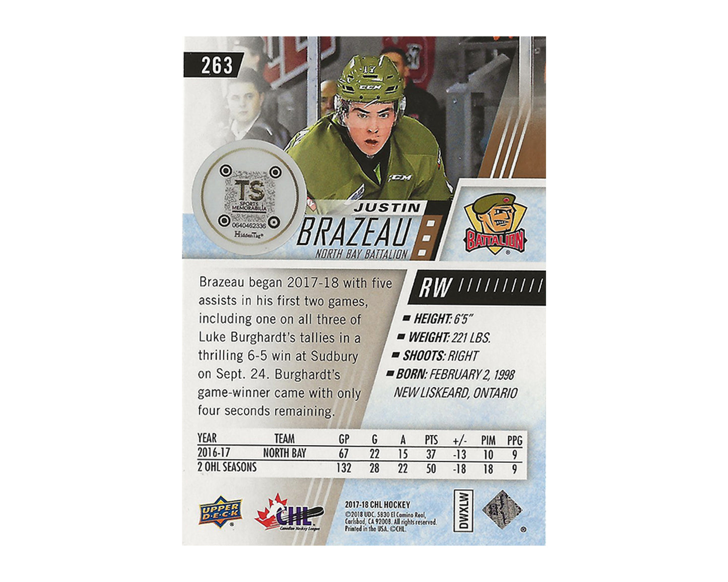 Justin Brazeau Autographed 2017-18 Upper Deck CHL #263 Hockey Card
