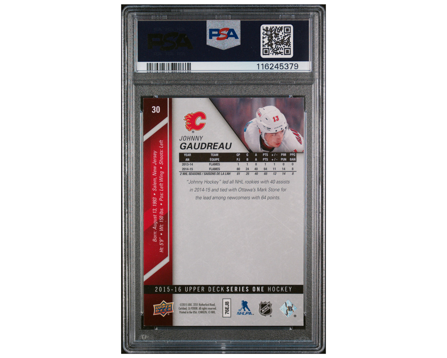 Johnny Gaudreau Autographed PSA 2015-16 Upper Deck Series 1 #30 Hockey Card
