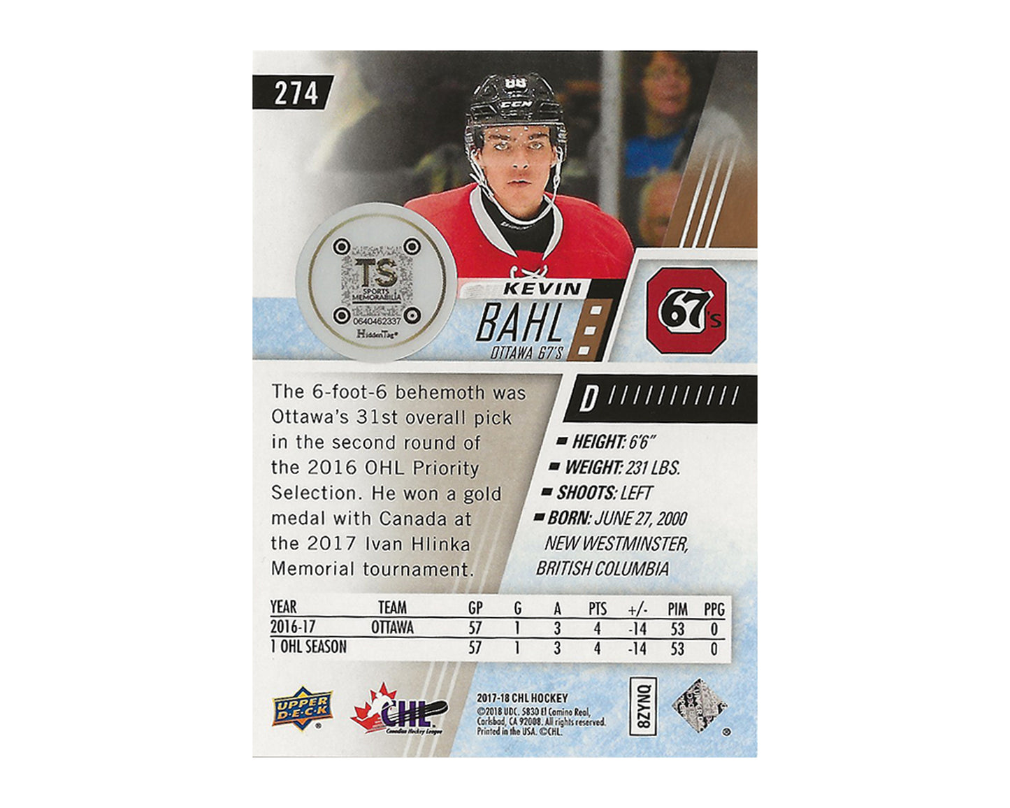 Kevin Bahl Autographed 2017-18 Upper Deck CHL #274 Hockey Card
