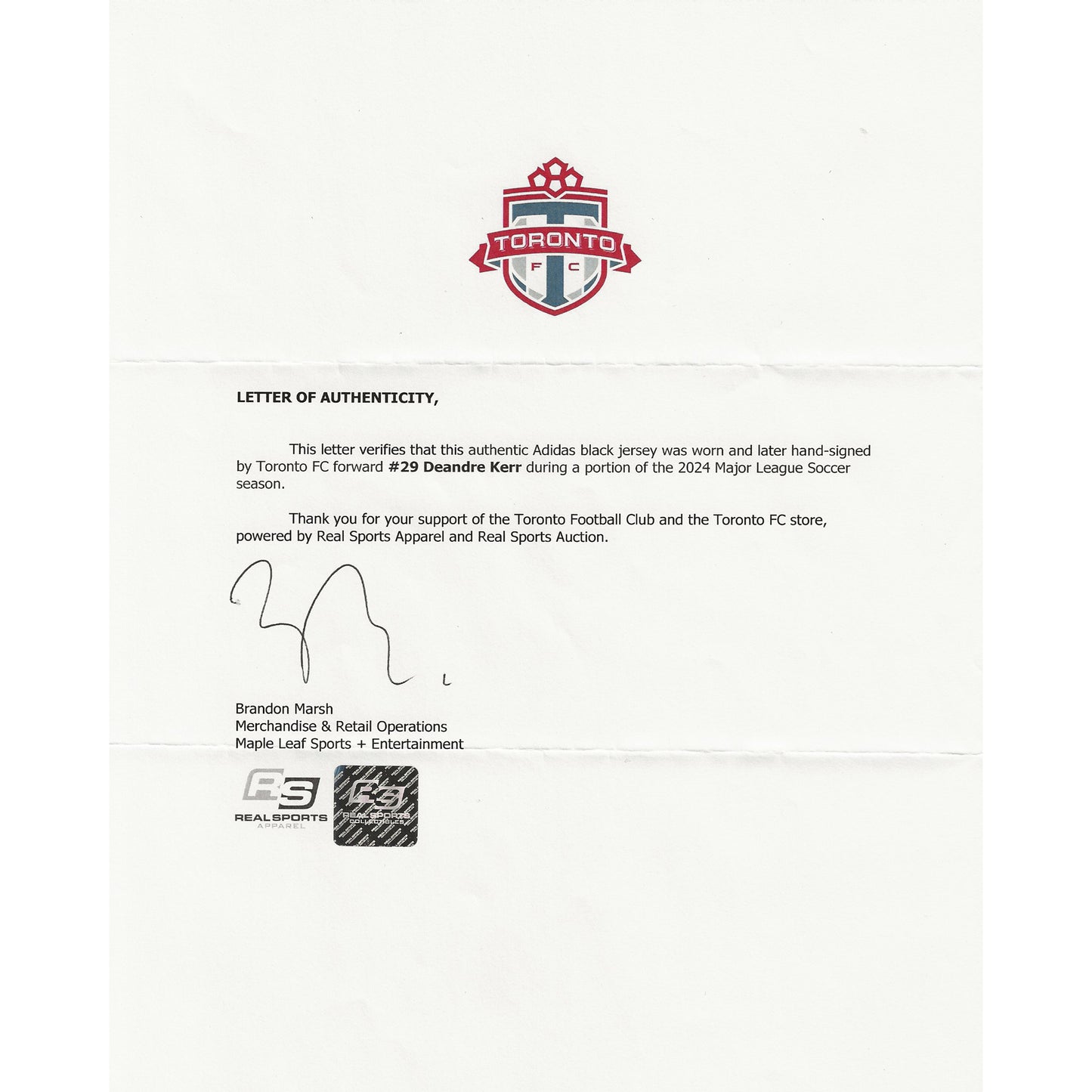 Deandre Kerr Autographed & Game-Used Toronto FC Adidas Black Jersey