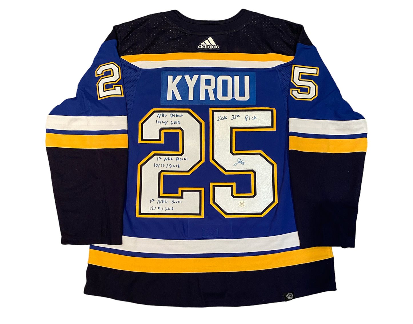 Jordan Kyrou Autographed St. Louis Blues Home Blue Adidas Jersey Multi-Inscribed