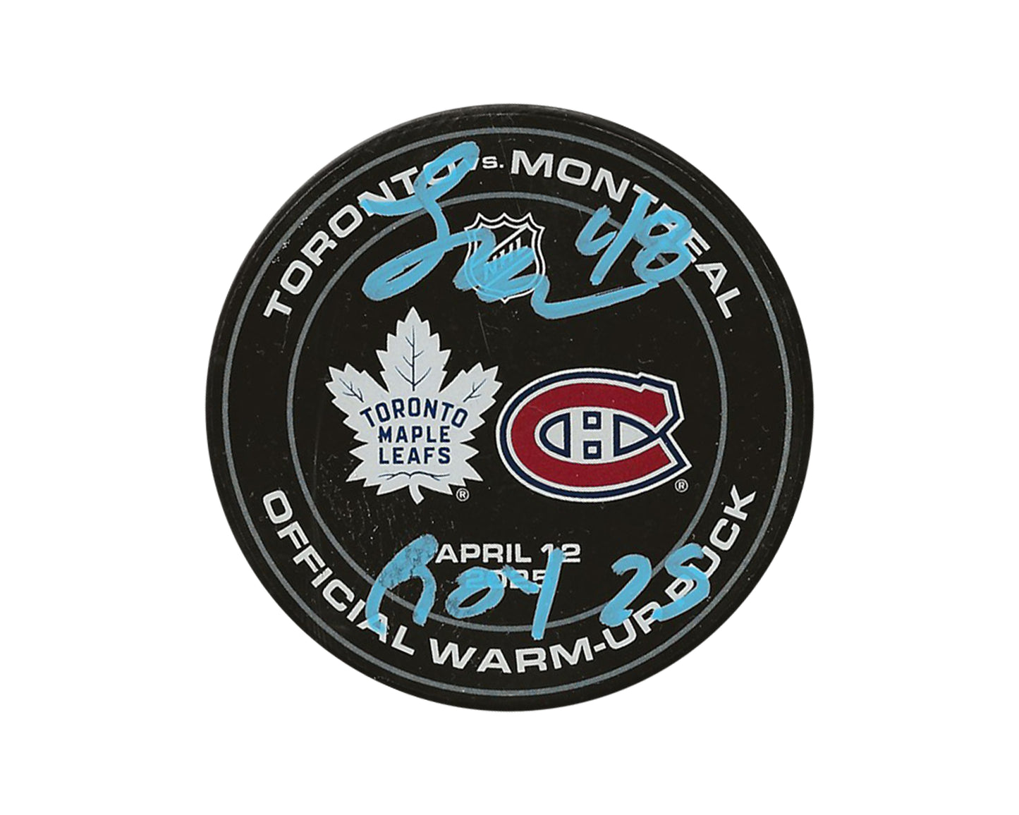 Lane Hutson Autographed Toronto Vs Montreal Warm-Up Used Puck Inscribed "ROY 25"
