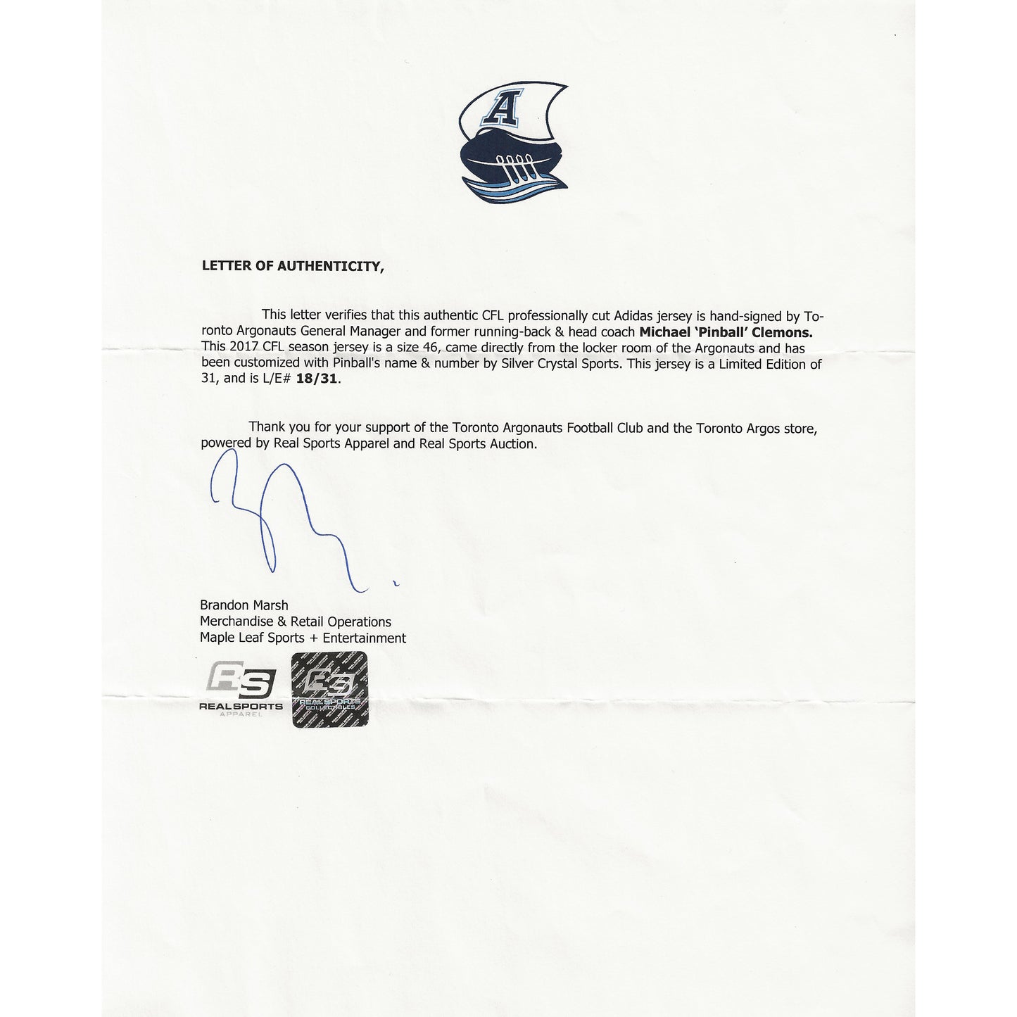 Michael Pinball Clemons Autographed Toronto Argonauts Away White Adidas Pro Jersey LE 18/31