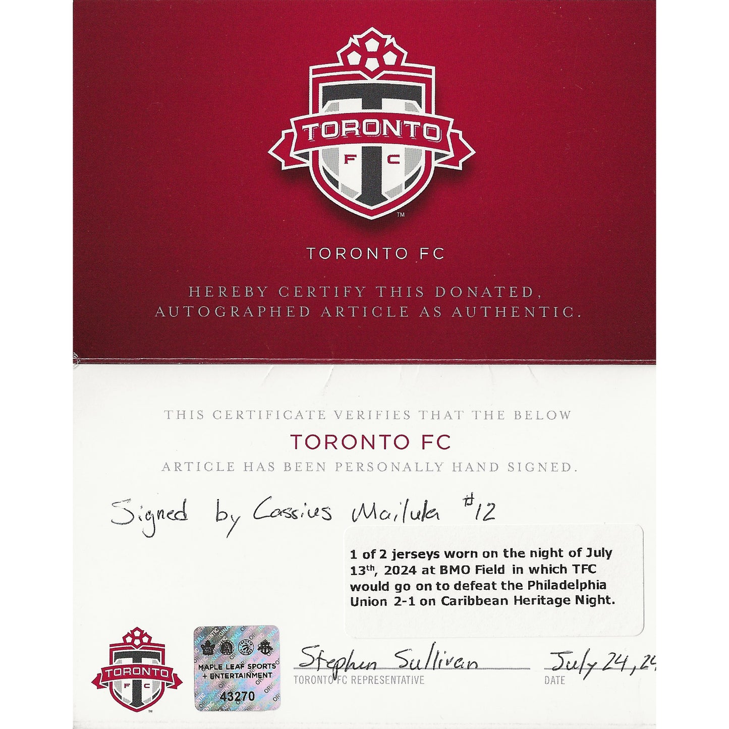 Cassius Mailula Autographed & Game-Used 2024 Toronto FC Adidas Caribbean Heritage Jersey