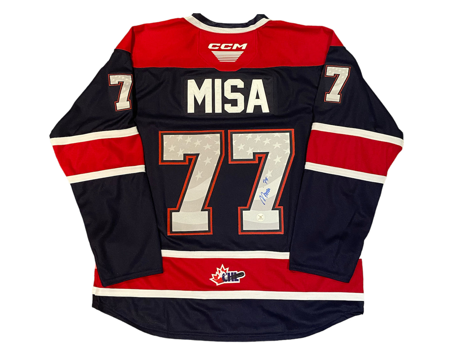 Michael Misa Autographed Saginaw Spirit Home Blue CCM Replica Jersey