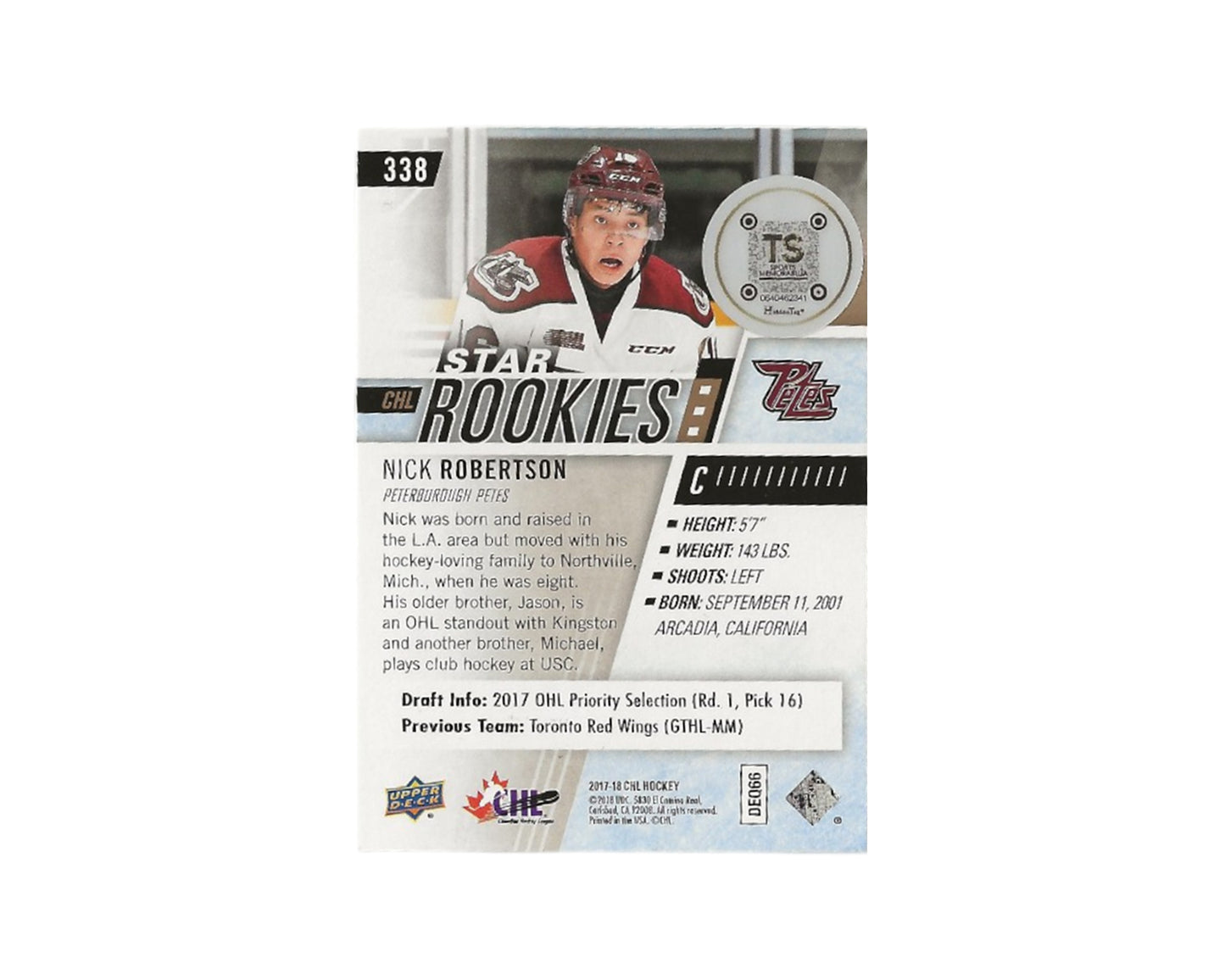 Nick Robertson Autographed 2017-18 Upper Deck CHL Star Rookies #338 Hockey Card