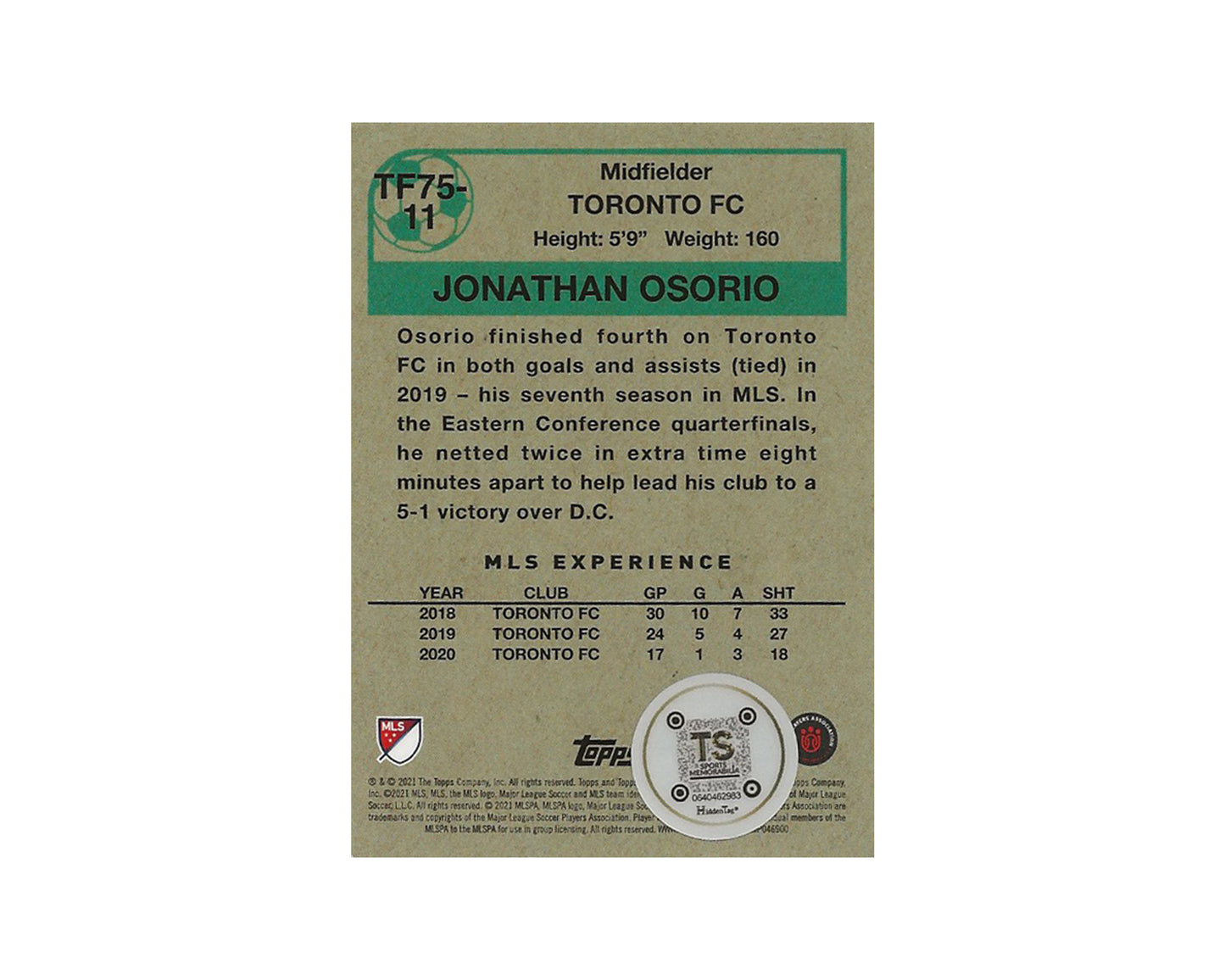 Jonathan Osorio Autographed 2021 Topps Chrome MLS '75-76 Footballers #TF75-11 Toronto FC Card *AS IS*