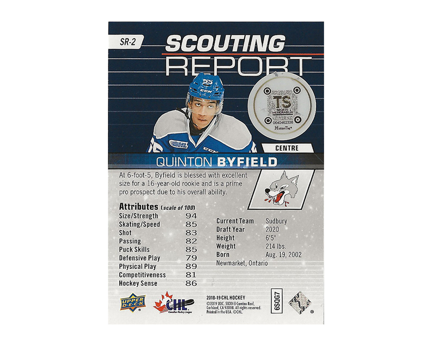 Quinton Byfield Autographed 2018-19 Upper Deck CHL Scouting Report #SR-2 Hockey Card