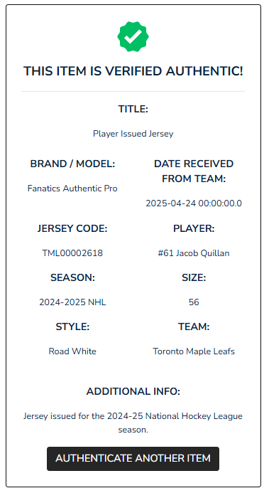 Jacob Quillan Autographed Toronto Maple Leafs Team-Issued Jersey