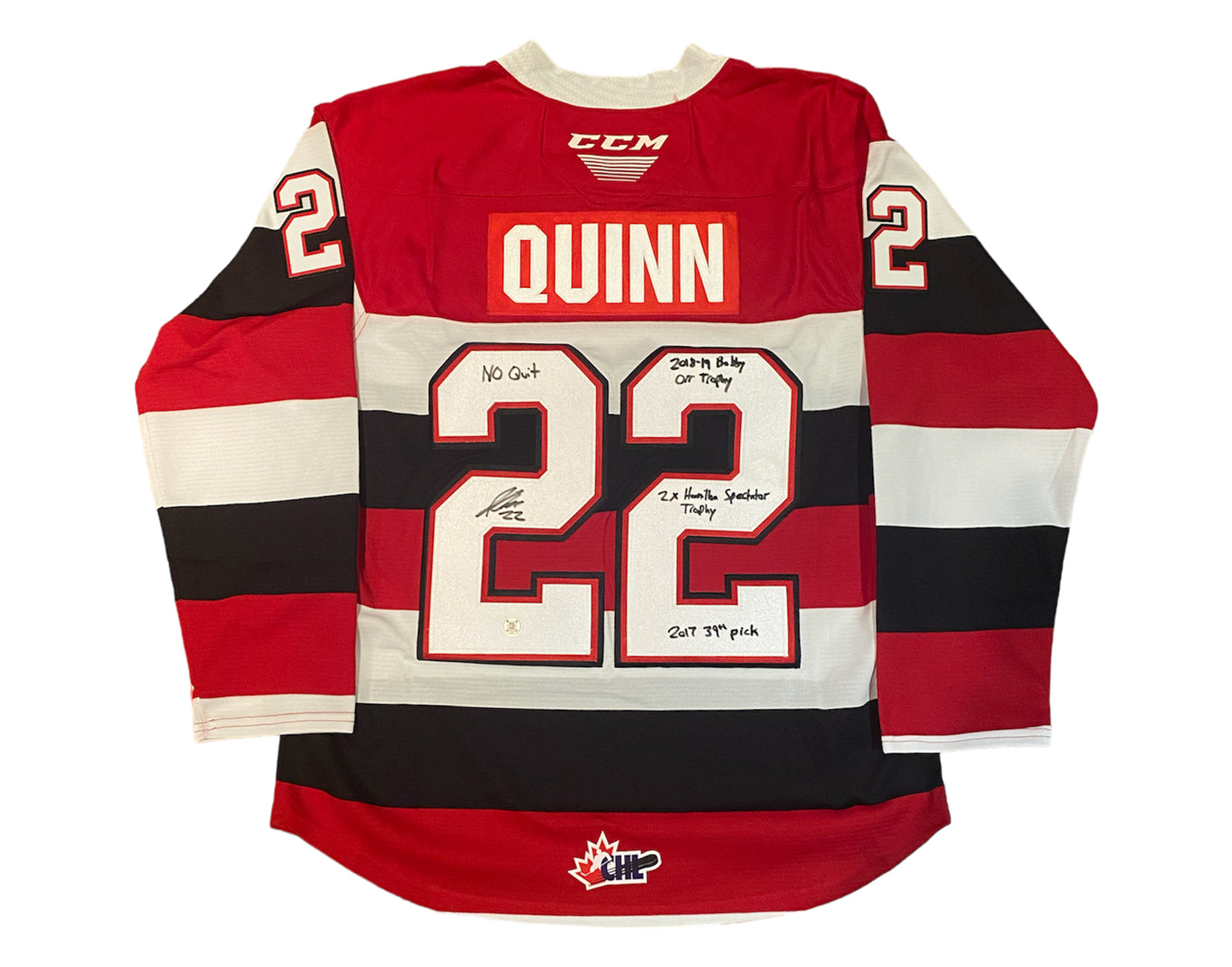 Jack Quinn Autographed Ottawa 67's Home CCM Replica Jersey Multi-Inscribed