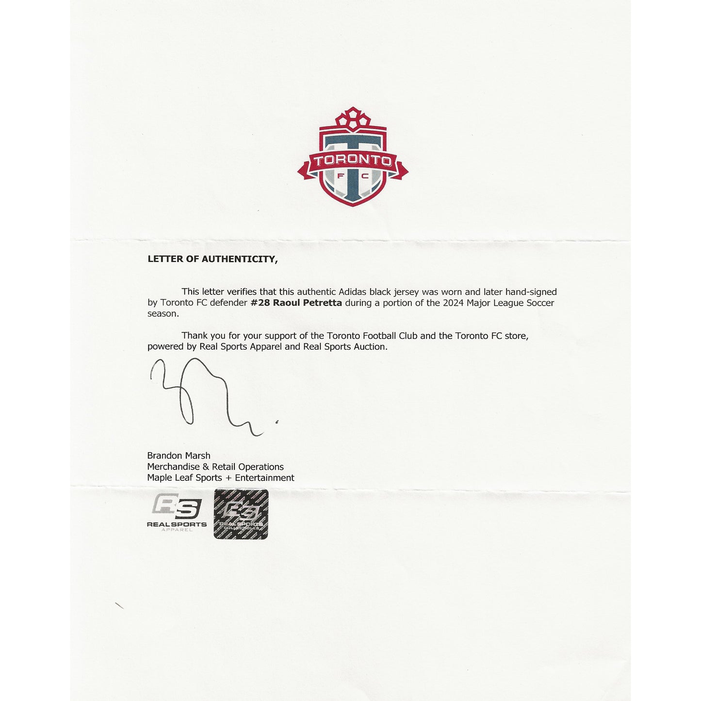Raoul Petretta Autographed & Game-Used Toronto FC Adidas Black Jersey