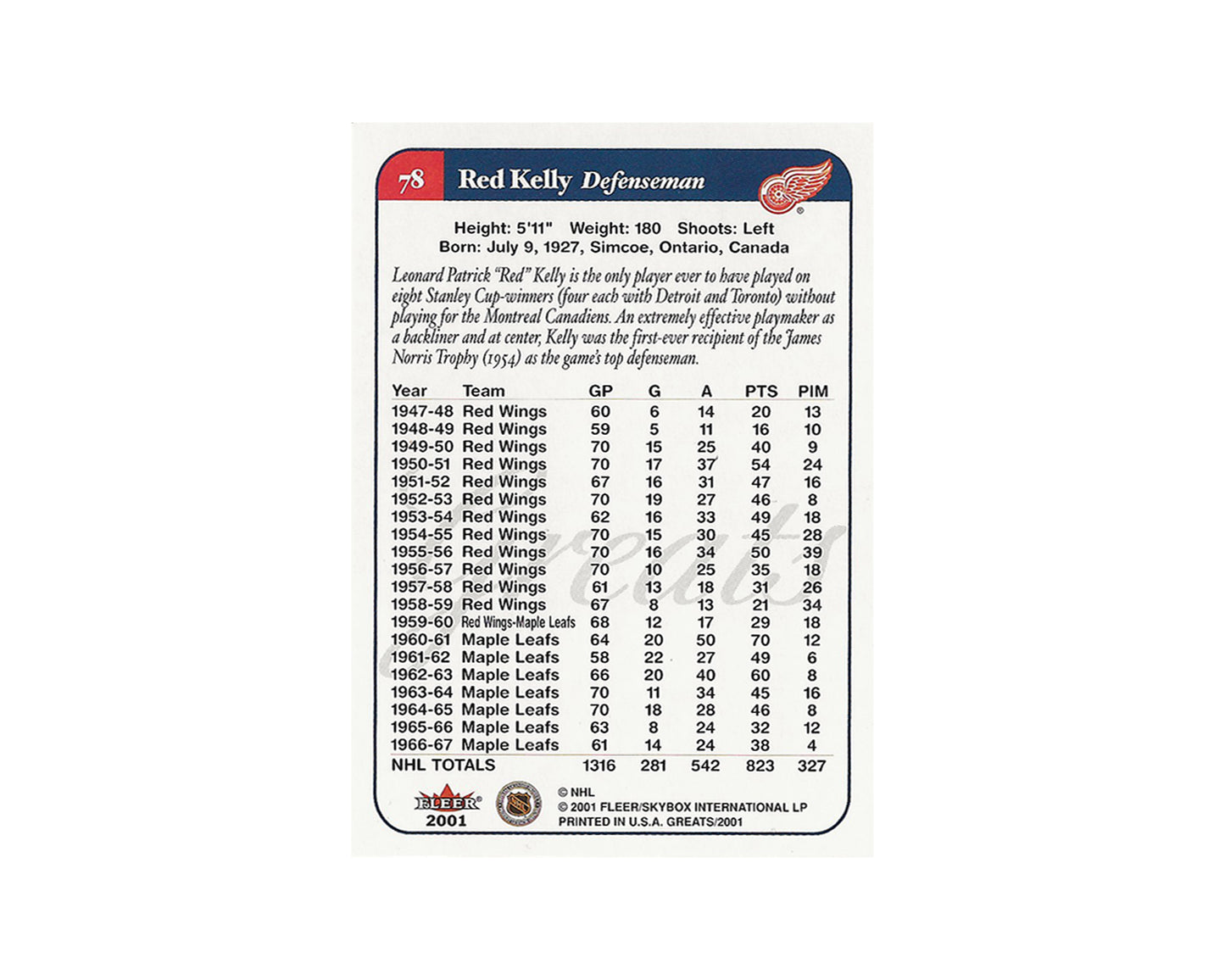 Red Kelly Autographed 2001 Fleer Greats of the Game #78 Hockey Card Inscribed "HOF-69"