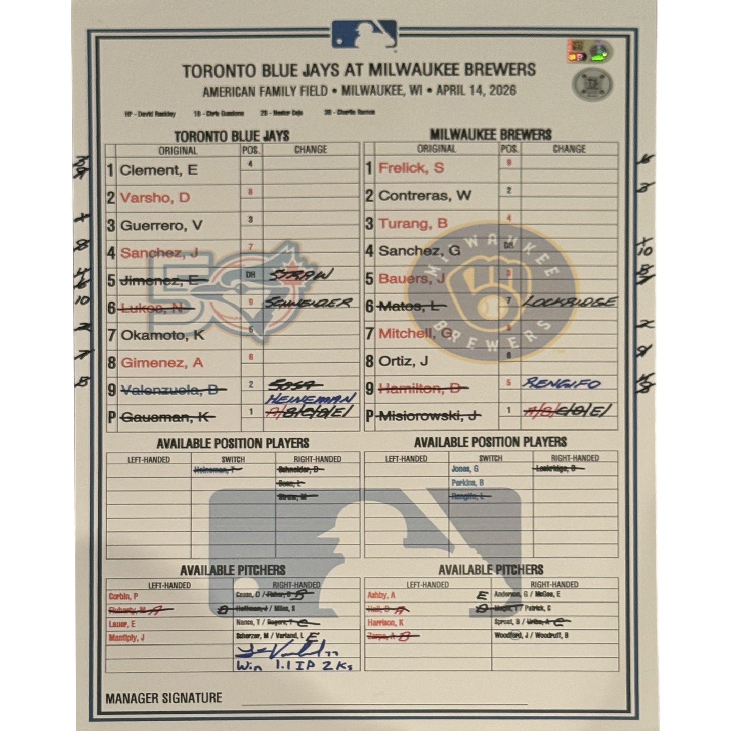 Louis Varland Autographed Game-Used April 14, 2026 Scorecard Inscribed w/ Stats