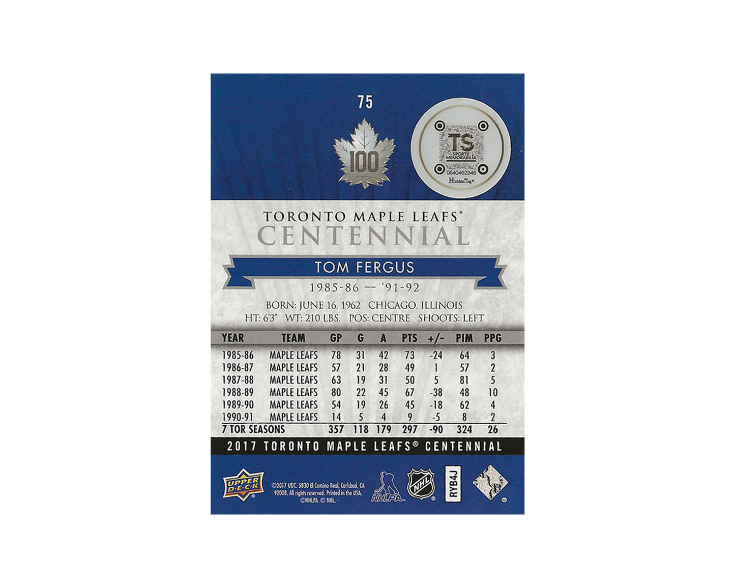 Tom Fergus Autographed 2017 Upper Deck Toronto Maple Leafs Centennial #75 Hockey Card