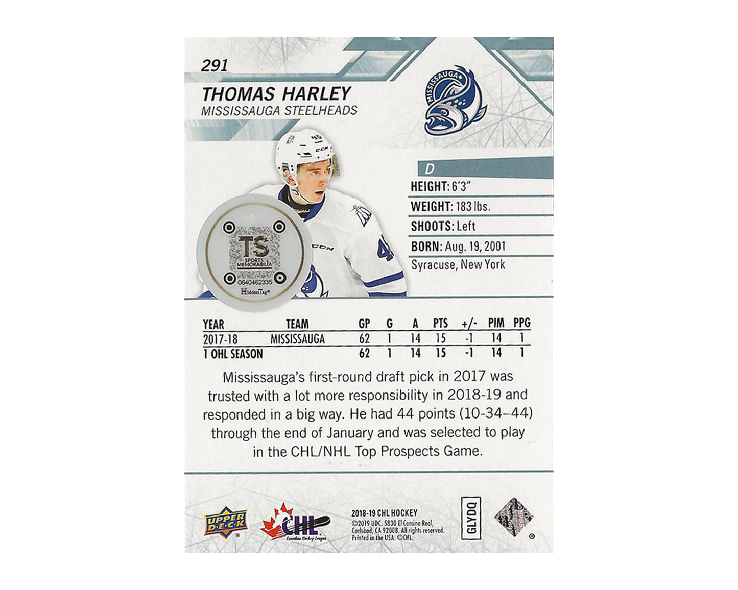 Thomas Harley Autographed 2019-20 Upper Deck CHL #291 Hockey Card
