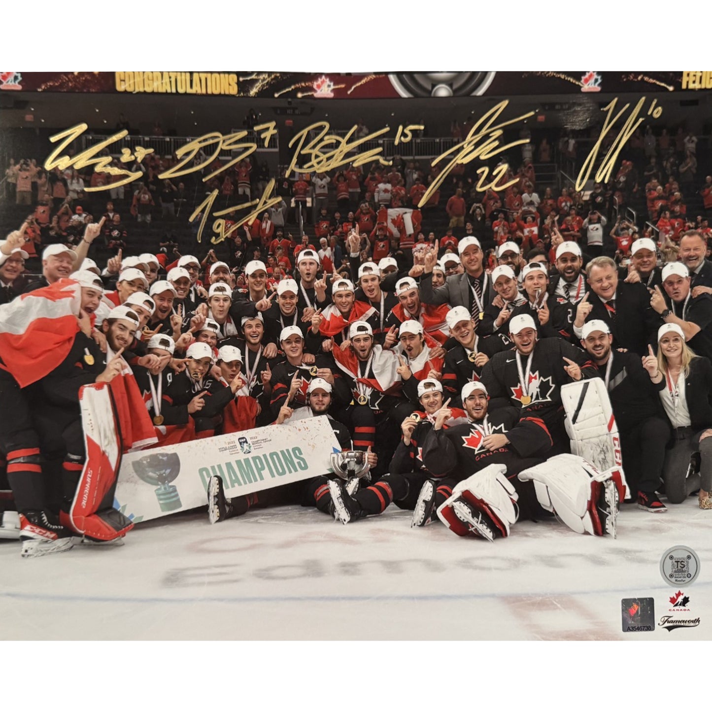 Multi-Signed Team Canada 2022 World Juniors Gold Team Celebration 11x14 Photo
