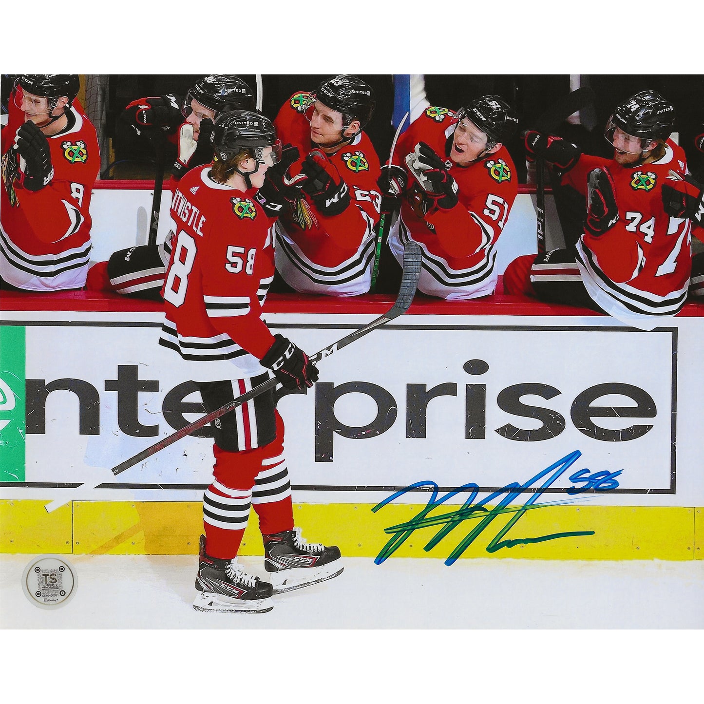 Mackenzie Entwistle Autographed Chicago Blackhawks Goal Celebration 8x10 Photo