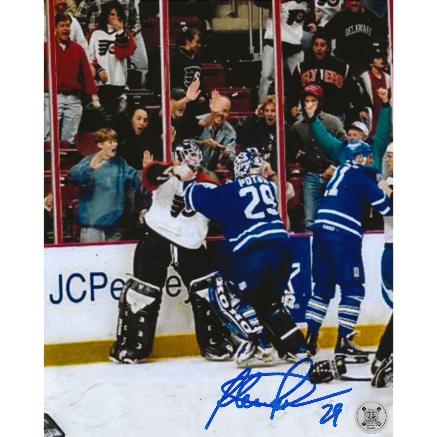 Felix Potvin Autographed Toronto Maple Leafs Goalie Fight vs Hextall 8x10 Photo