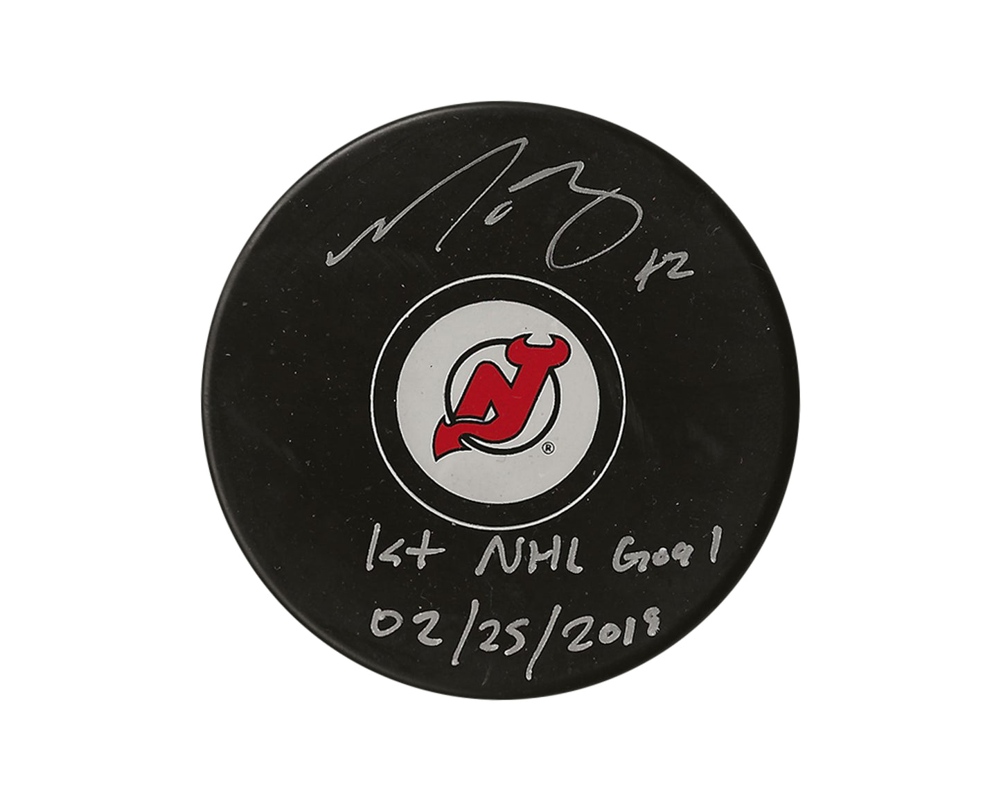Nathan Bastian Autographed New Jersey Devils Autograph Model Puck Inscribed "1st NHL Goal 02/25/2019"