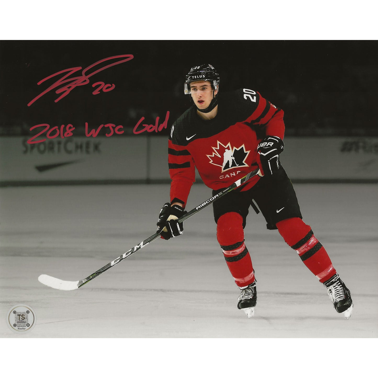 Michael McLeod Autographed Team Canada World Juniors Spotlight Inscribed "2018 WJC Gold" 8x10 Photo