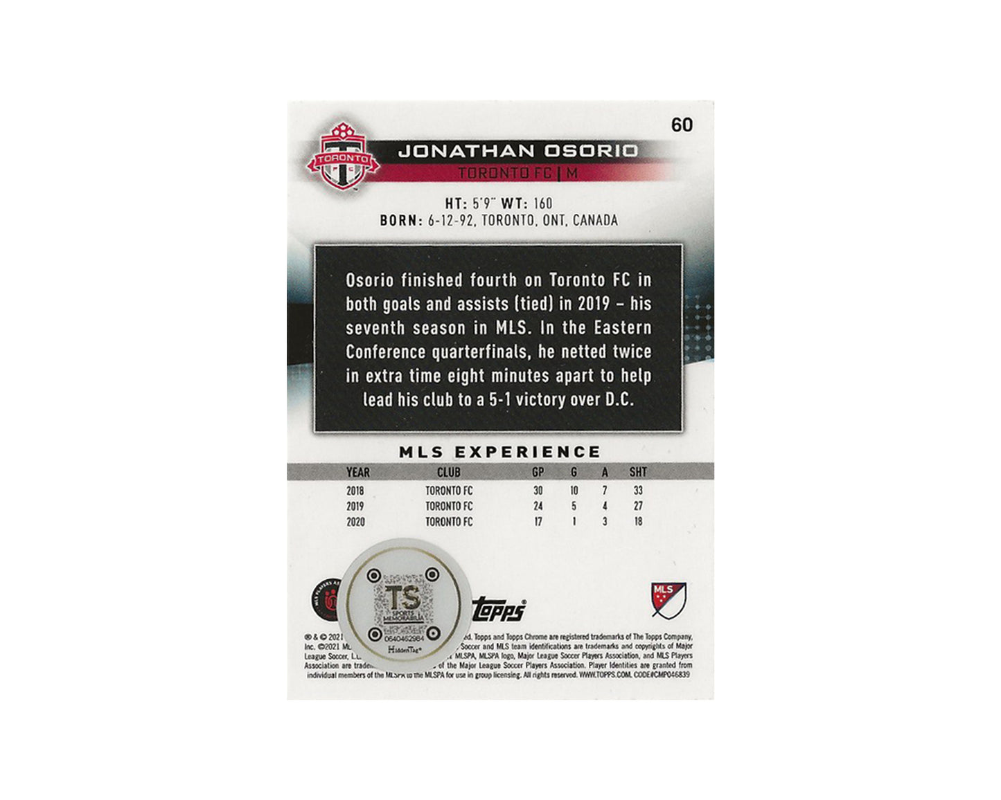 Jonathan Osorio Autographed 2021 Topps Chrome MLS #60 Toronto FC Card *AS IS*