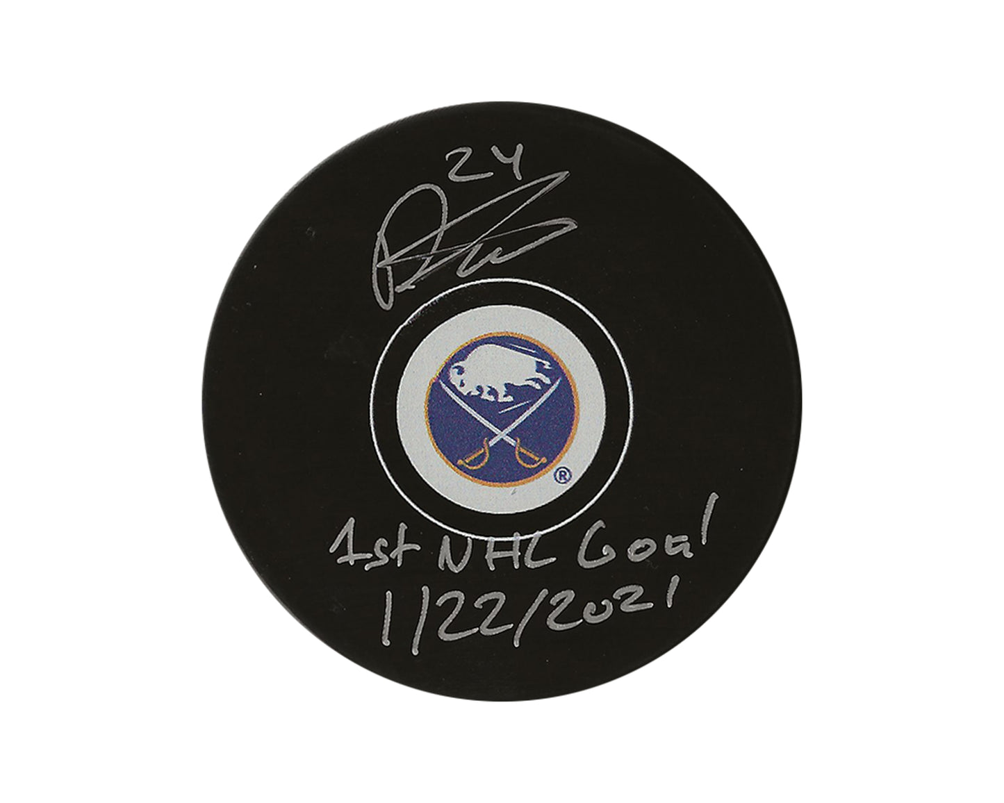 Dylan Cozens Autographed Buffalo Sabres Autograph Model Puck Inscribed "1st NHL Goal 1/22/2021"