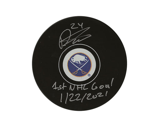 Dylan Cozens Autographed Buffalo Sabres Autograph Model Puck Inscribed "1st NHL Goal 1/22/2021"