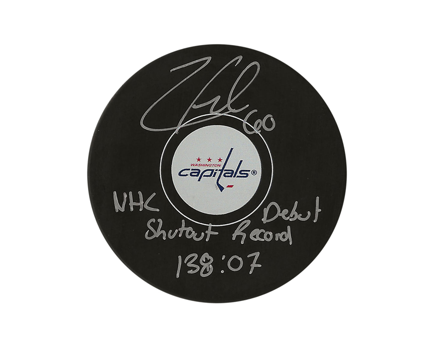 Zach Fucale Autographed Washington Capitals Autograph Model Puck Inscribed "NHL Debut Shutout Record 138:07"