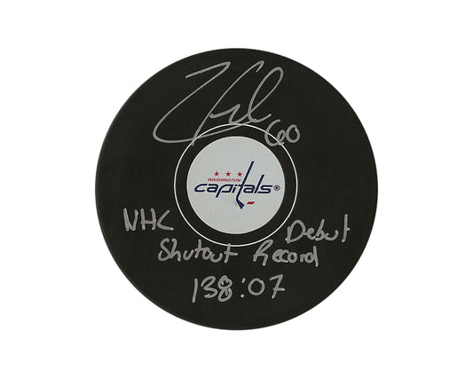 Zach Fucale Autographed Washington Capitals Autograph Model Puck Inscribed "NHL Debut Shutout Record 138:07"