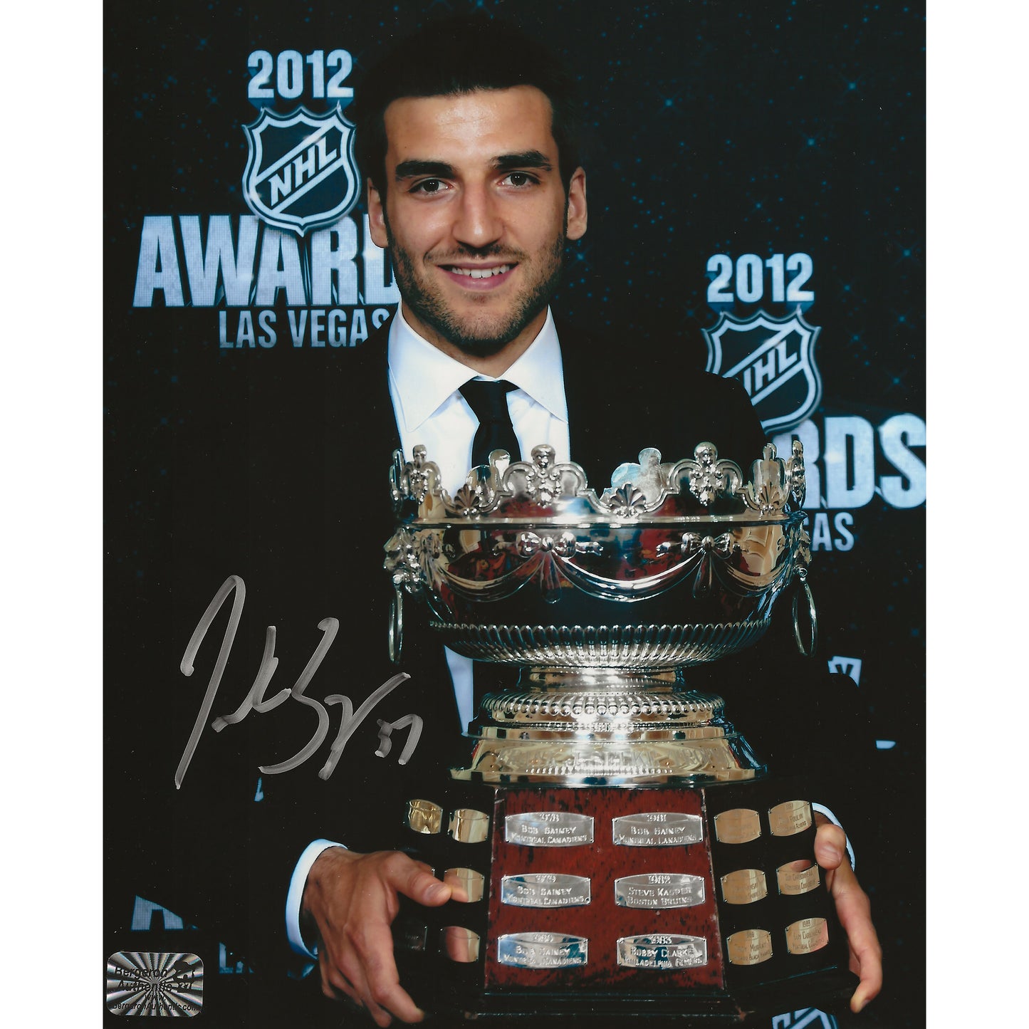 Patrice Bergeron Autographed 2012 Frank J. Selke Trophy 8x10 Photo