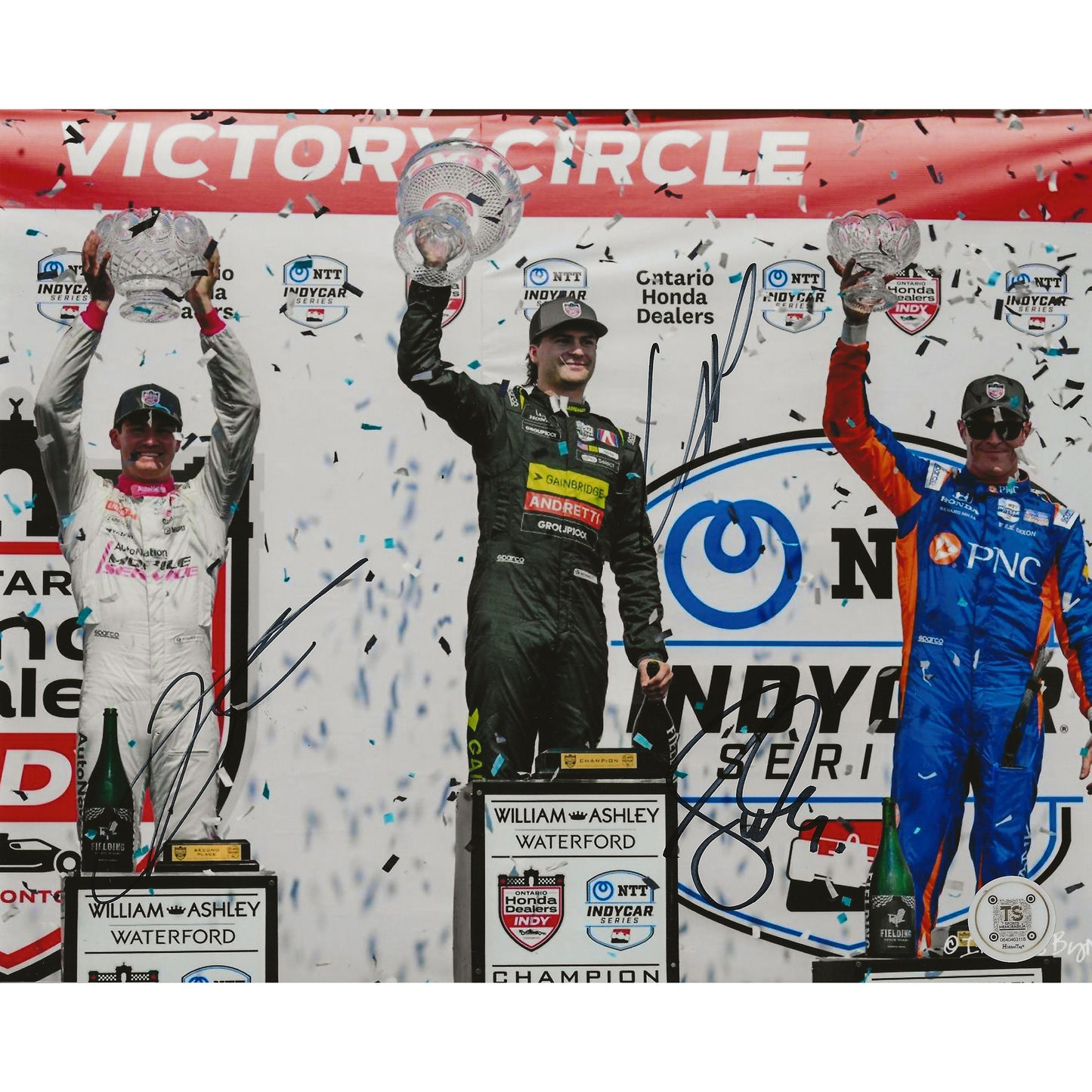 Colton Herta, Scott Dixon & Kyle Kirkwood Autographed 2024 Ontario Winner's Circle 8x10 Photo