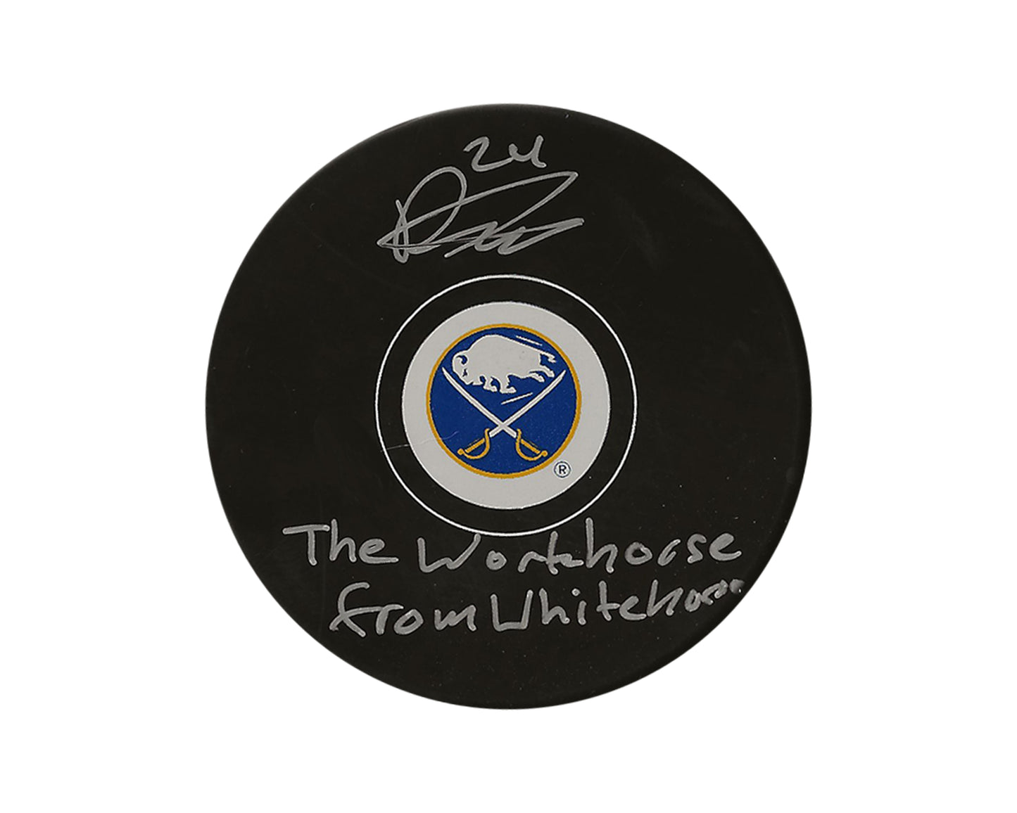 Dylan Cozens Autographed Buffalo Sabres Autograph Model Puck Inscribed "The Workhorse from Whitehorse"