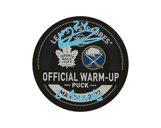 Dylan Cozens Autographed Toronto Maple Leafs Warm-Up Used Puck Inscribed "2 Assists"