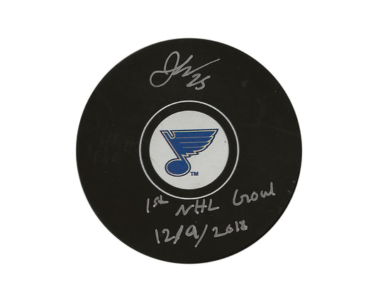 Jordan Kyrou Autographed St. Louis Blues Autograph Model Puck Inscribed "1st NHL Goal 12/9/2018"