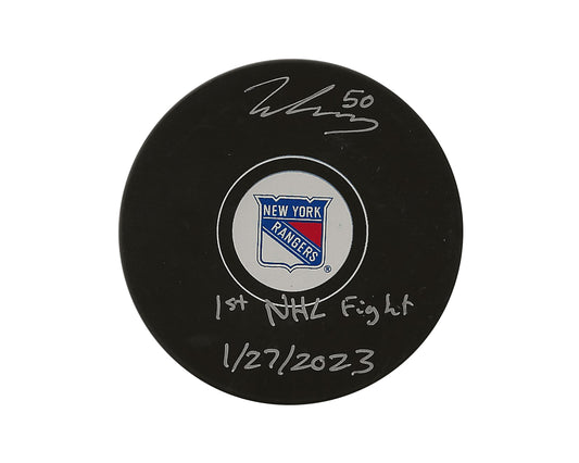 Will Cuylle Autographed New York Rangers Autograph Model Puck Inscribed "1st NHL Fight 1/27/2023"
