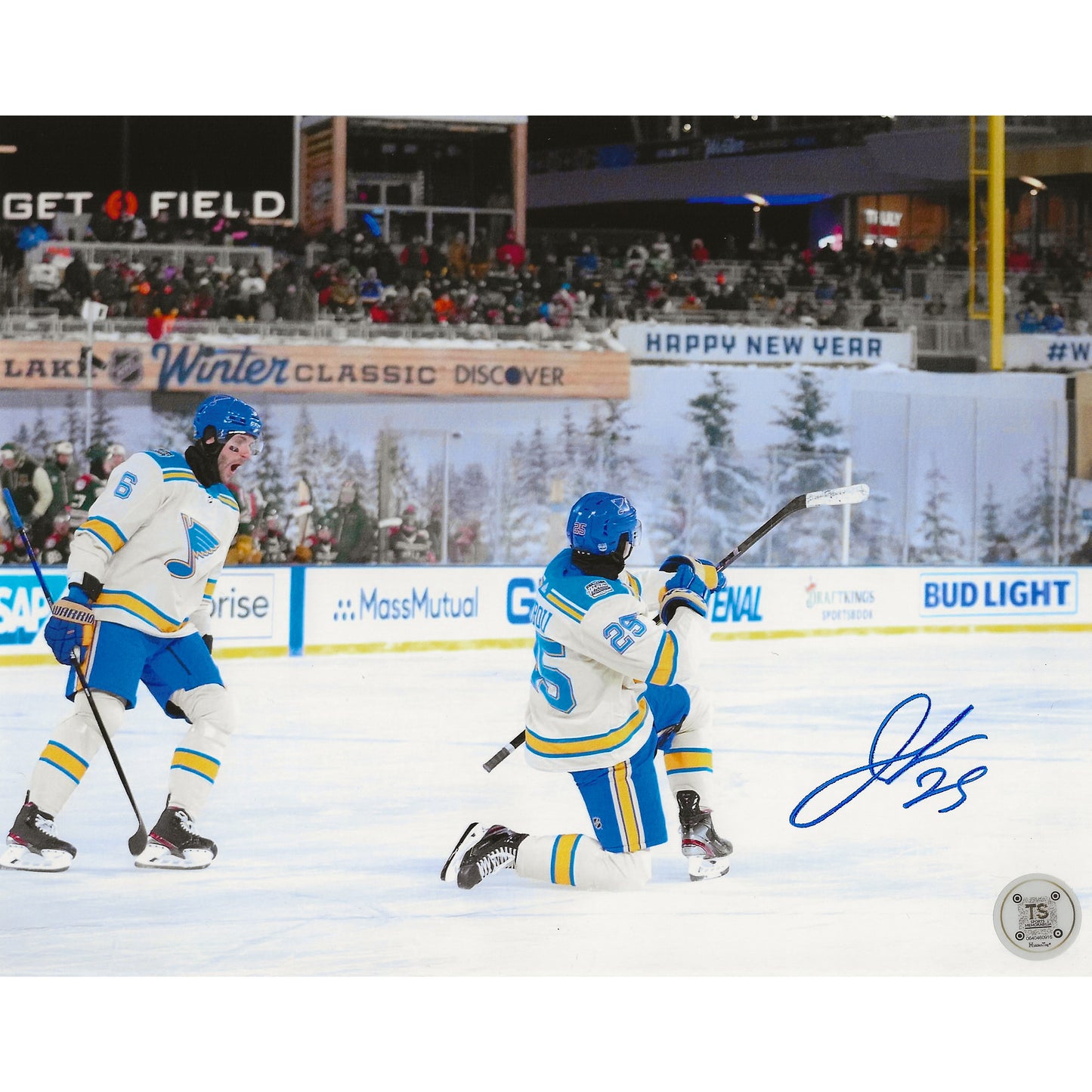 Jordan Kyrou Autographed St. Louis Blues 2022 Winter Classic Goal Celebration 8x10 Photo