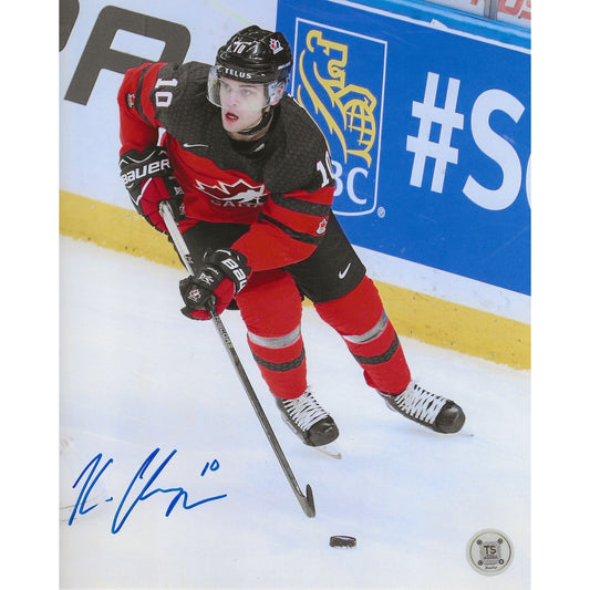 Kale Clague Autographed Team Canada World Juniors Head Up Skating W/ Puck 8x10 Photo