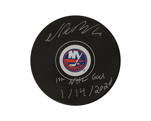 Noah Dobson Autographed New York Islanders Autograph Model Puck Inscribed "1st NHL Goal 1/14/2020"