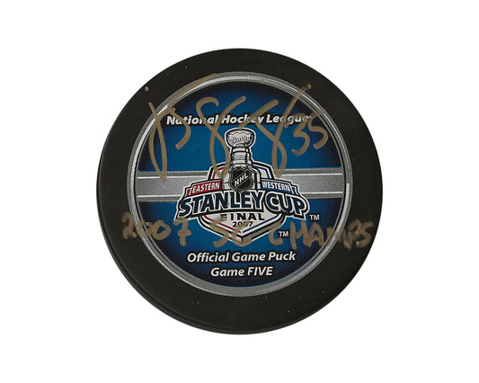 Jean-Sébastien Giguère Autographed 2007 Game 5 Stanley Cup Finals Official Game Puck Inscribed "2007 SC Champs"