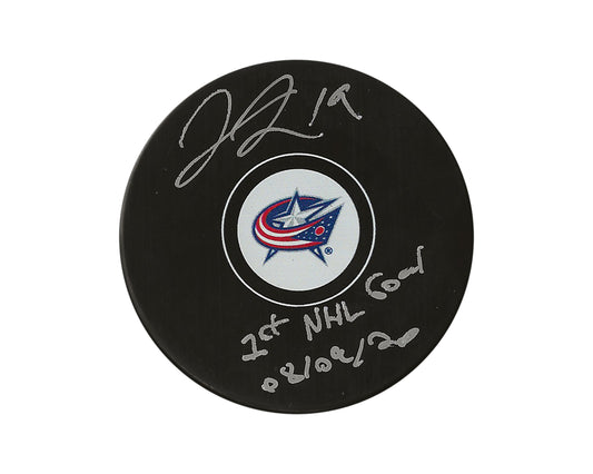 Liam Foudy Autographed Columbus Blue Jackets Autograph Model Puck Inscribed "1st NHL Goal 08/09/20"