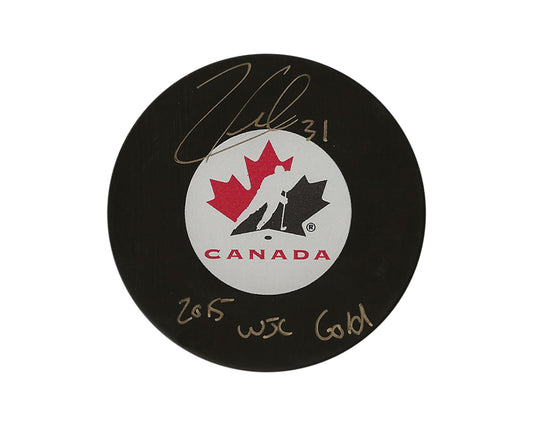 Zach Fucale Autographed Team Canada Autograph Model Puck Inscribed "2015 WJC Gold"